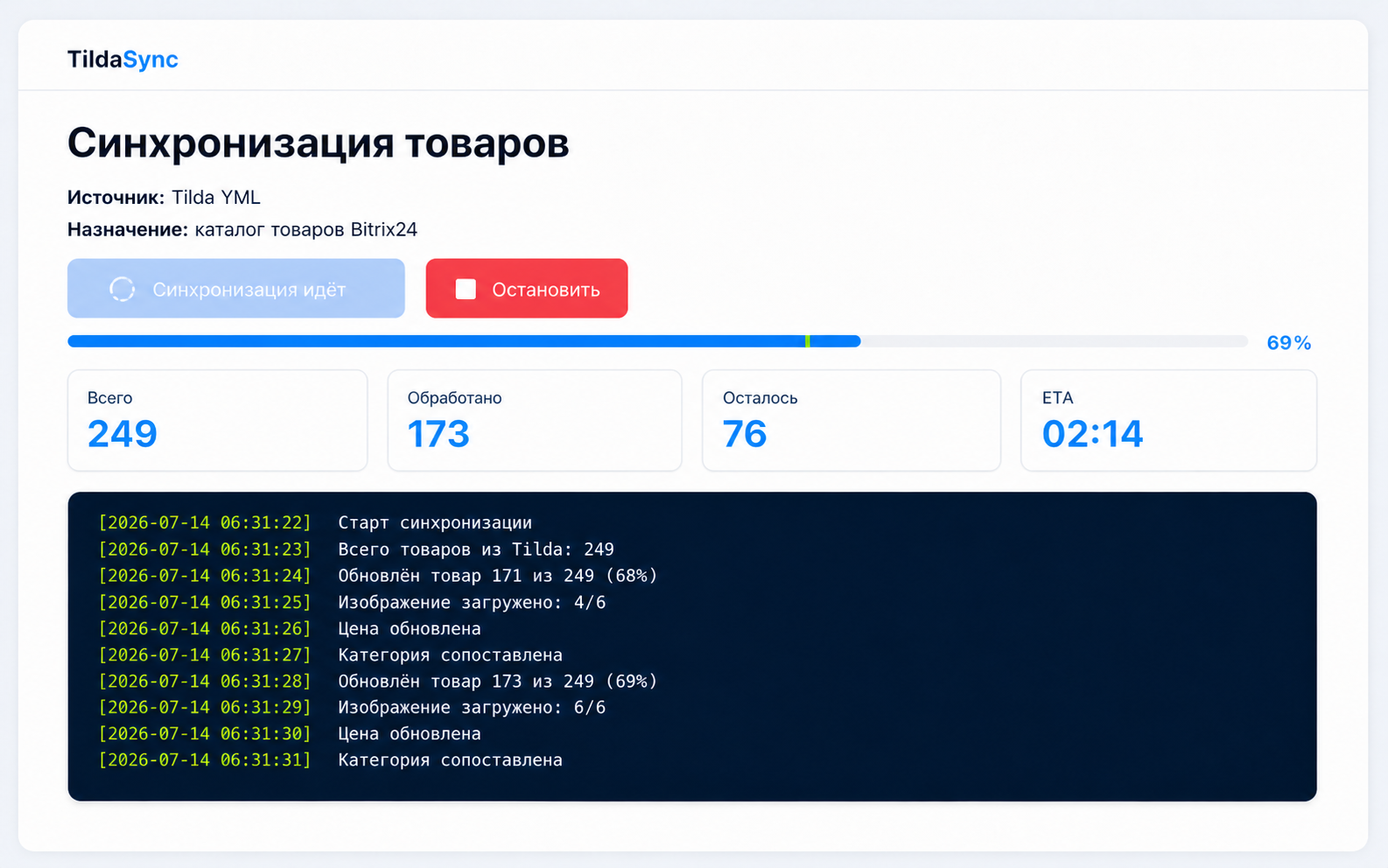 Процесс синхронизации каталога в TildaSync
